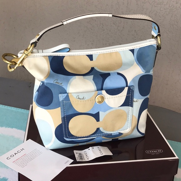 Coach Handbags - Coach Blue Signature Print Medium Shoulder Bag